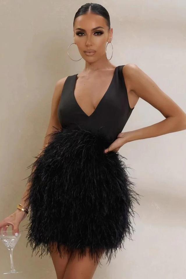 Women's Black Plunge Front Mini Dress – Alorar