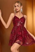 Women's Burgundy Sequins Backless Mini Dress Burgundy