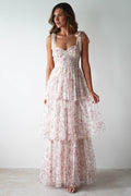 Women's Tie Up Floral Print Tiered Maxi Dress Pink