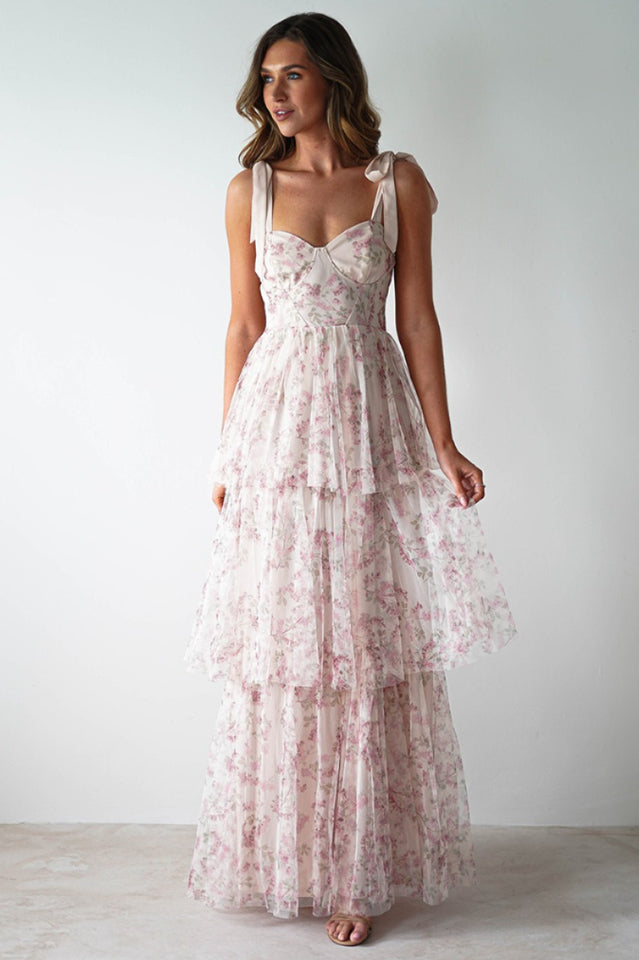Women's Tie Up Floral Print Tiered Maxi Dress Pink