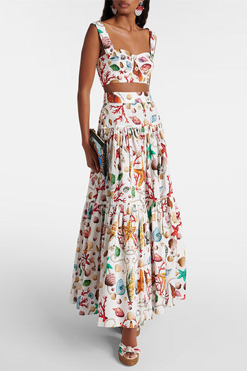 Women's Capri Printed Crop Top & Skirt Set