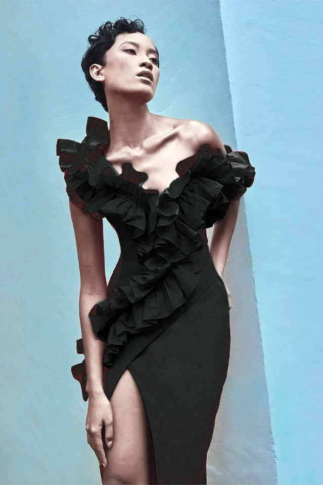 Women's One Shoulder Ruffle Maxi Dress