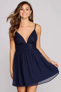 Women's Juniors' Sequin V-Neck Dress Navy
