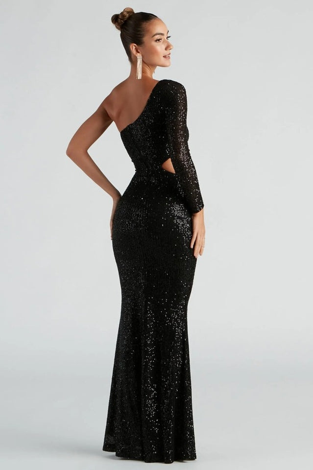 Women's Sassy One Shoulder Sequin Gown Black