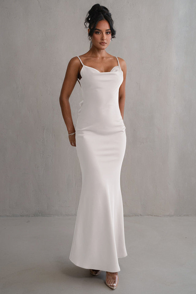 Women's Ivory Floral Trims Satin Gown