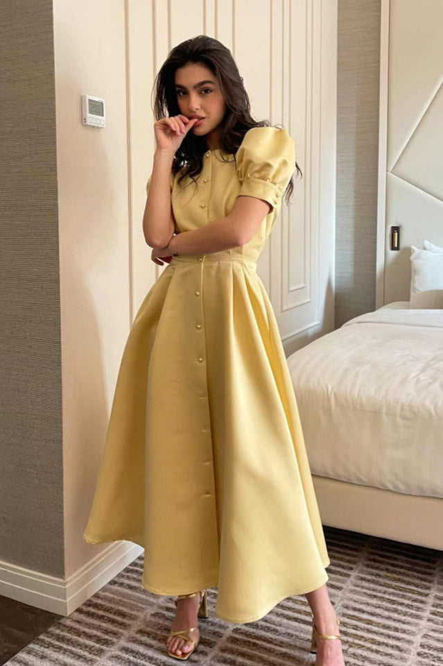 Women's Button Front Midi Dress Lemon