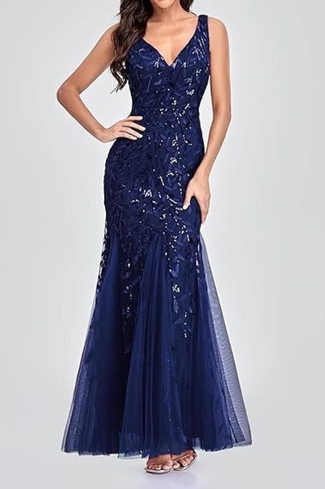 Women's Embroidered Sequins Mermaid Prom Dress Navy