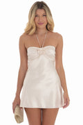 Women's Flower Satin Halter Dress White