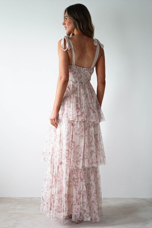Women's Tie Up Floral Print Tiered Maxi Dress Pink