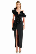 Women's One Shoulder Ruffle Maxi Dress Black