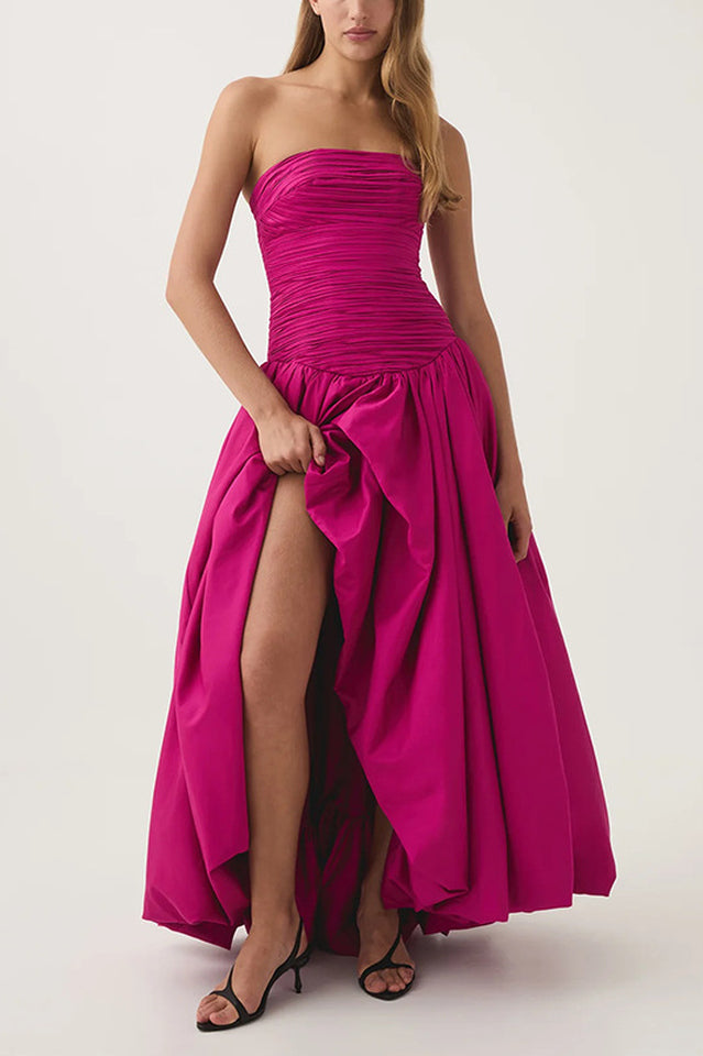 Women's Strapless Ruched Puff Maxi Dress