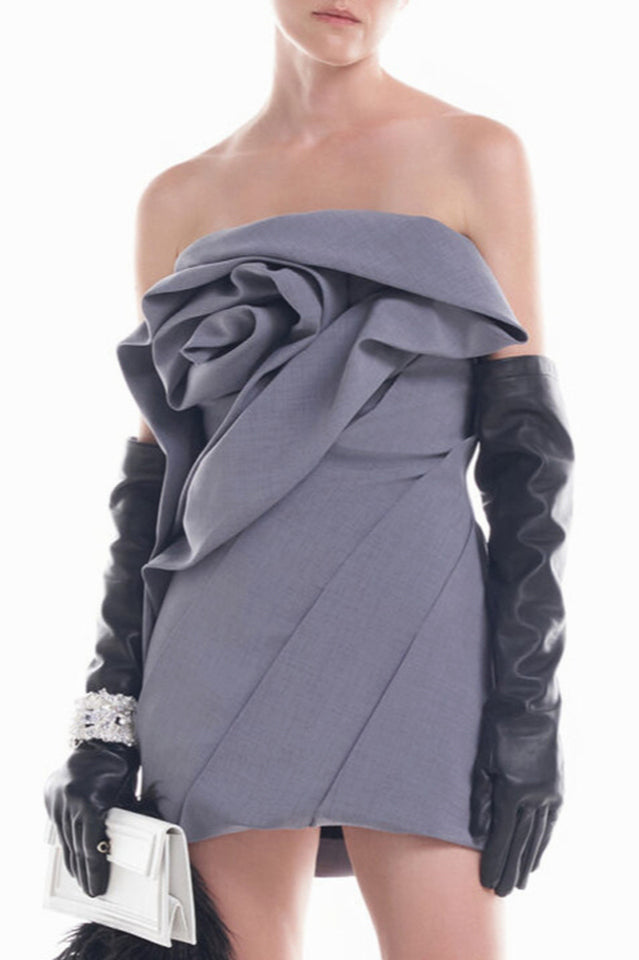 Women's Flower Strapless Ruch Mini Dress Gray