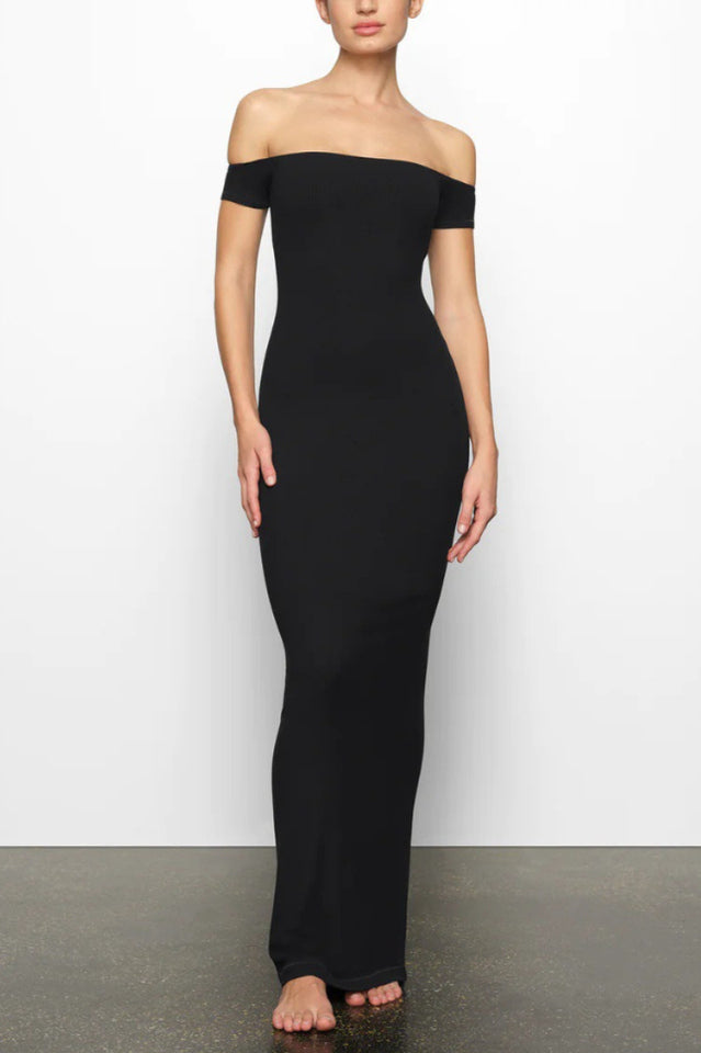 Women's SKIMS Soft Lounge Off-Shoulder Slip Dress Black