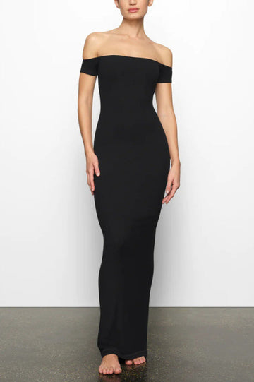 Women's SKIMS Soft Lounge Off-Shoulder Slip Dress Black