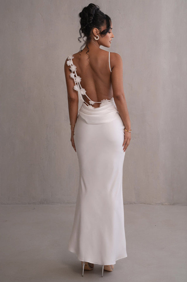 Women's Ivory Floral Trims Satin Gown White S