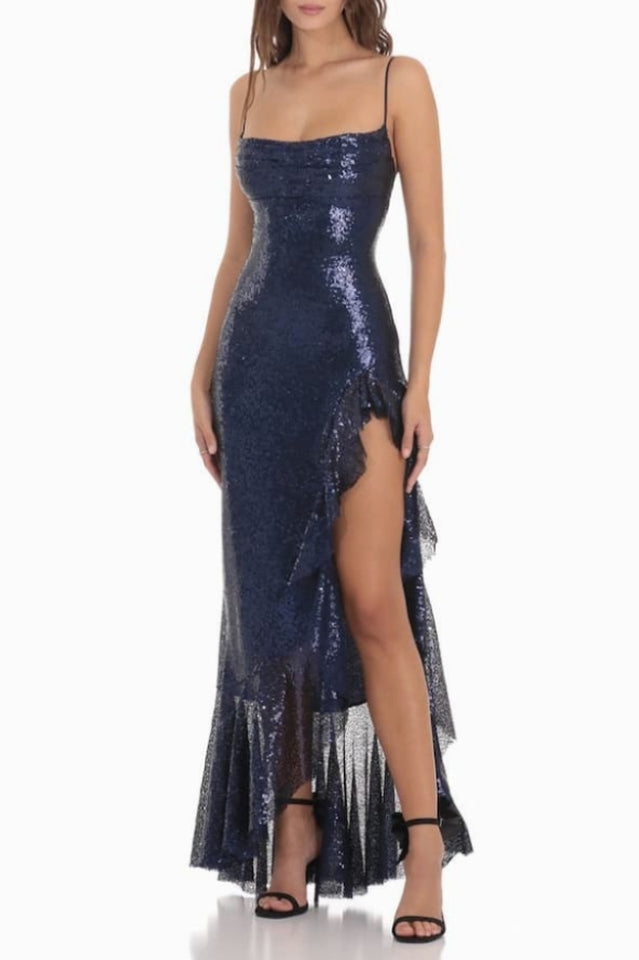 Women's Sequin Ruffle Dress Navy
