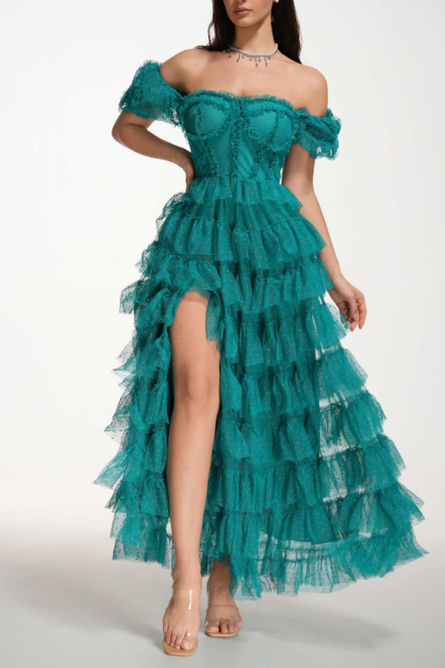 Women's Lisette Ruffle Off Shoulder Gown Green