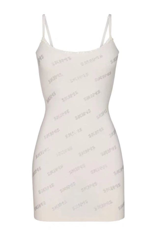 Women's Rhinestone Logo Pointelle Mini Slip Dress White