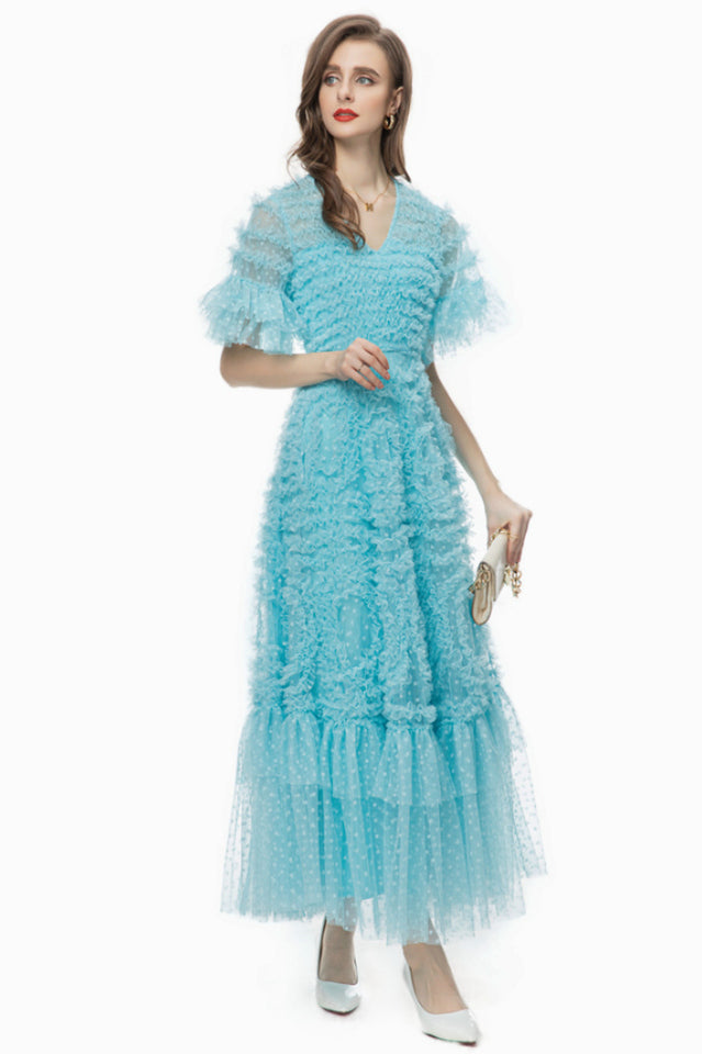 Women's Ruffle Tiered Spotted Tulle Maxi Dress