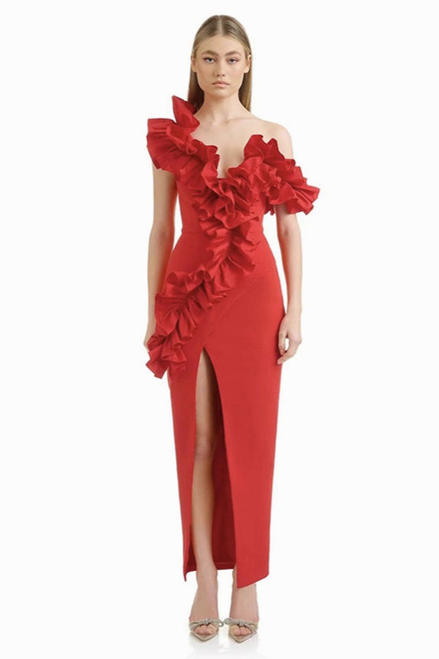 Women's One Shoulder Ruffle Maxi Dress Red