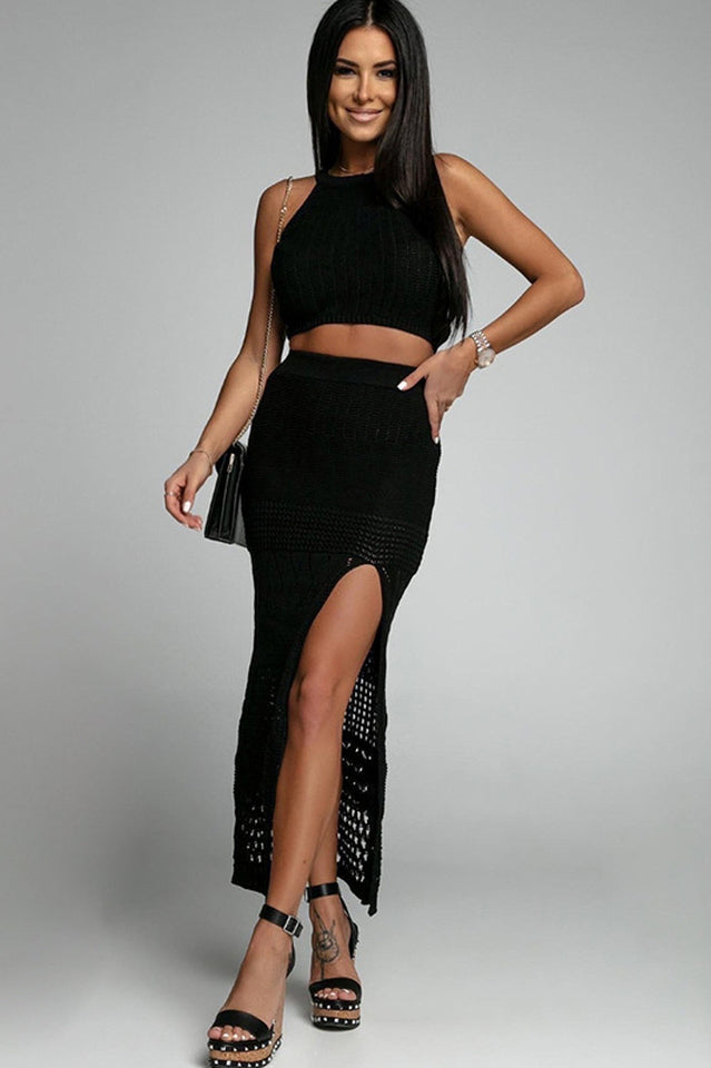 Women's Hannah Knit Crop Top + Skirt Set Black S