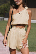 Women's One-Shoulder Crop Top + Smocked Shorts Set Khaki