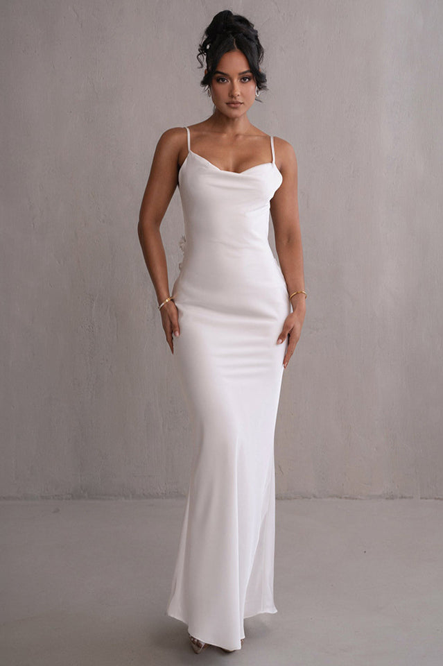 Women's Ivory Floral Trims Satin Gown White