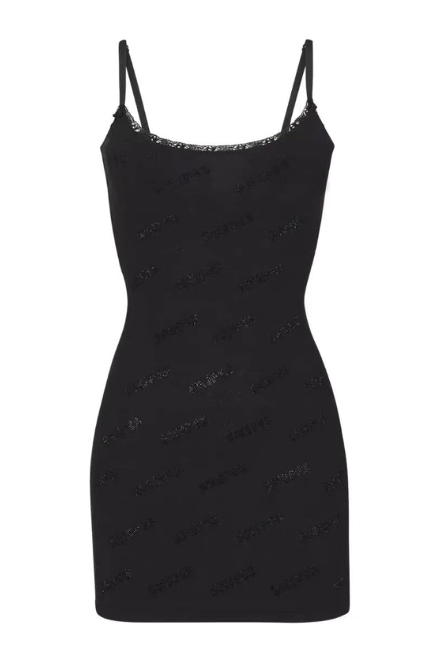 Women's Rhinestone Logo Pointelle Mini Slip Dress Black