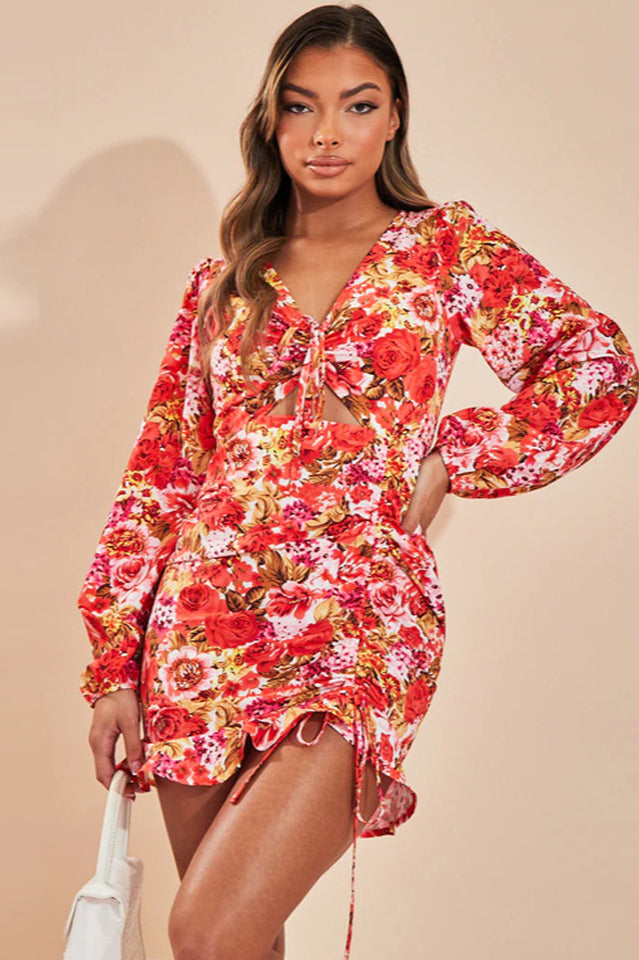 Women's Rose Cut Out Ruched Mini Dress Rose