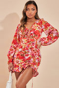 Women's Rose Cut Out Ruched Mini Dress Rose