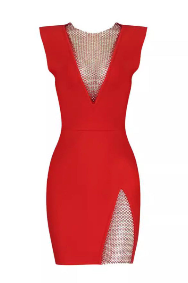 Women's Rhinestone Detail Spliced Dress Red
