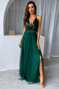 Women's Sequined Backless Tulle Evening Prom Emerald