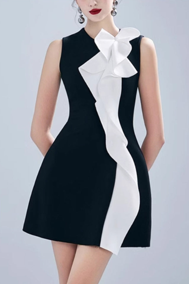 Women's Contrast Color Patchwork Ruffle Mini Dress Black