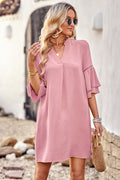 Women's Notched Neck Flare Sleeve Pocket Dress Pink