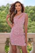 Women's Chain Detail Sequined Tight Dress Pink