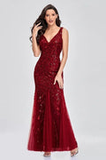 Women's Embroidered Sequins Mermaid Prom Dress Red