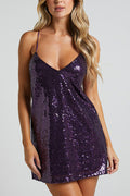 Women's Spaghetti Strap Sequin Mini Dress Purple