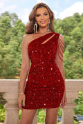 Women's Chain Detail Sequined Tight Dress Red