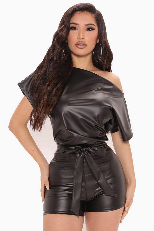 Women's PU Leather Romper Black