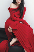 Women's Pleated Patchwork Slit Red Dress