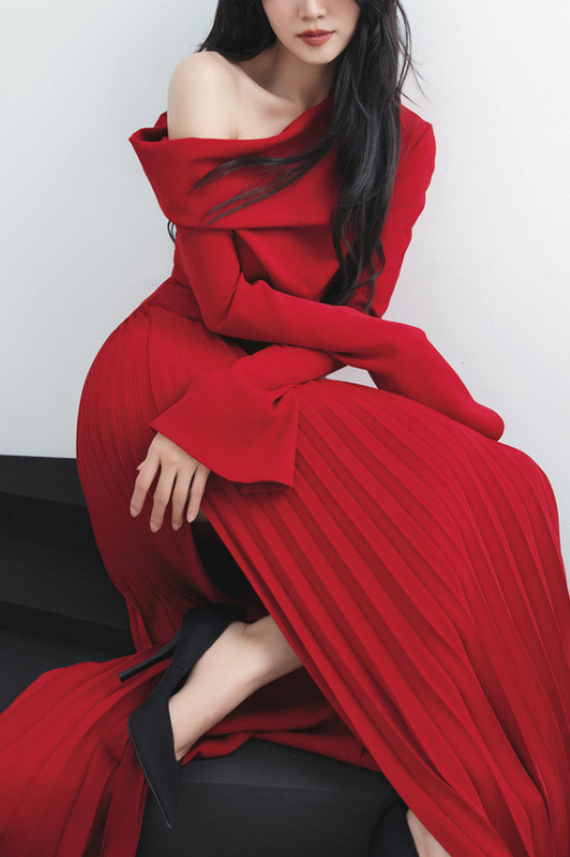 Women's Pleated Patchwork Slit Red Dress