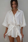 Women's Loose Sleeve Tie Waist Romper White