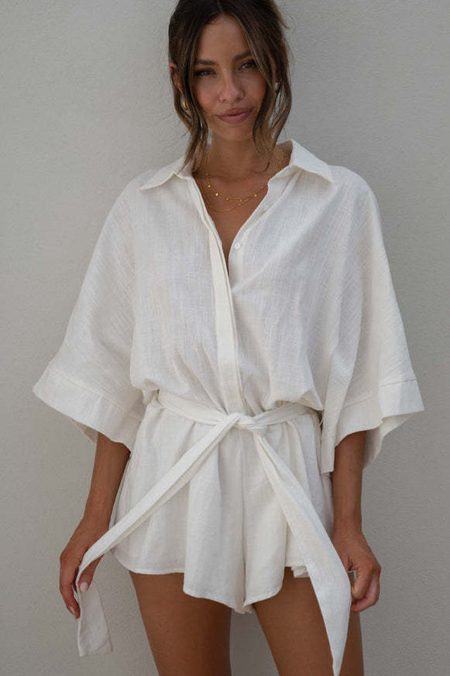 Women's Loose Sleeve Tie Waist Romper White