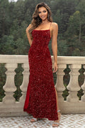 Women's Sequin Backless Split Maxi Dress Red