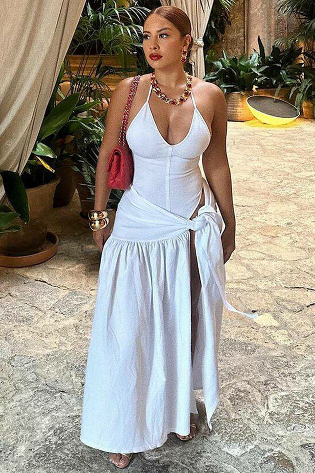 Women's V-Neck Bodysuit Wrap Skirt Set White