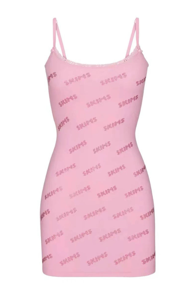 Women's Rhinestone Logo Pointelle Mini Slip Dress Pink