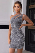 Women's Chain Detail Sequined Tight Dress Silver