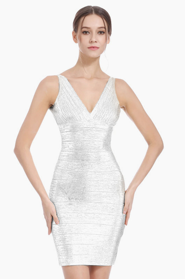 Women's V-Neck Bandage Bodycon Dress White