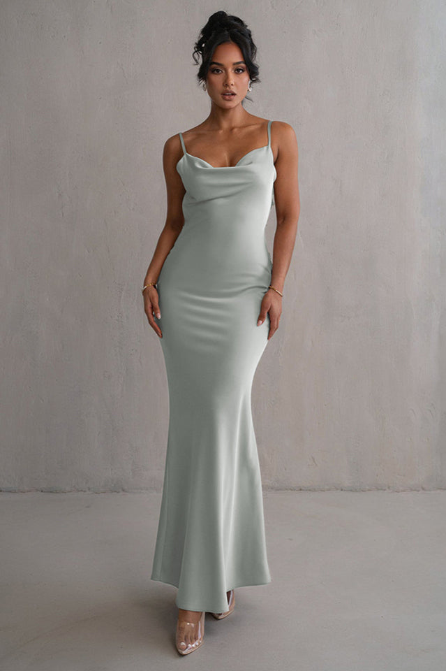 Women's Ivory Floral Trims Satin Gown Mint S