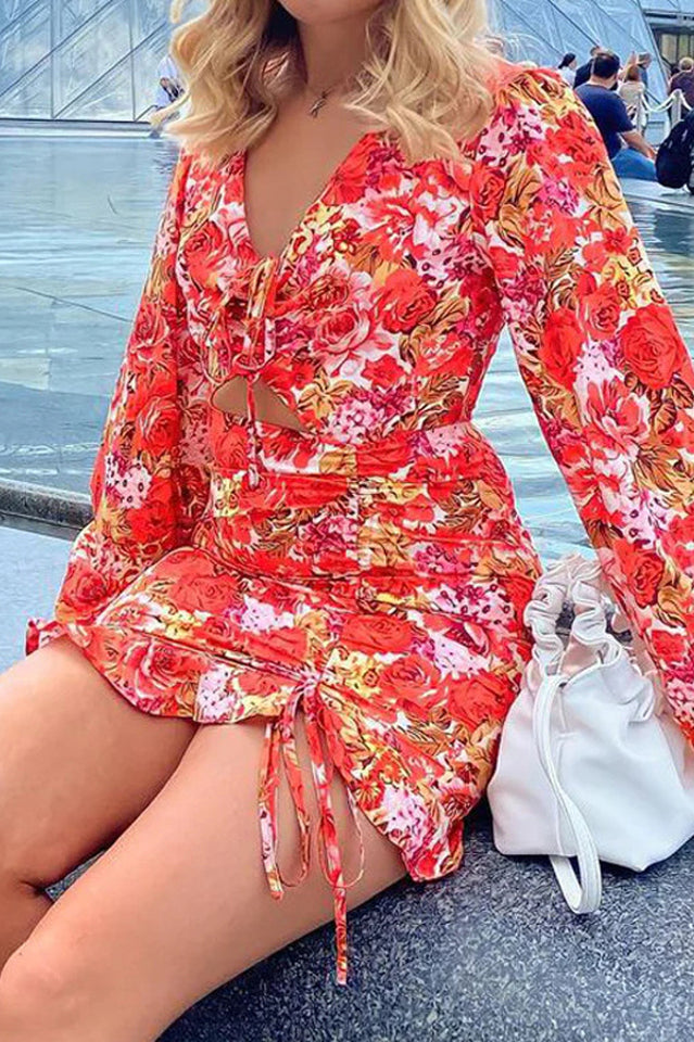 Women's Rose Cut Out Ruched Mini Dress